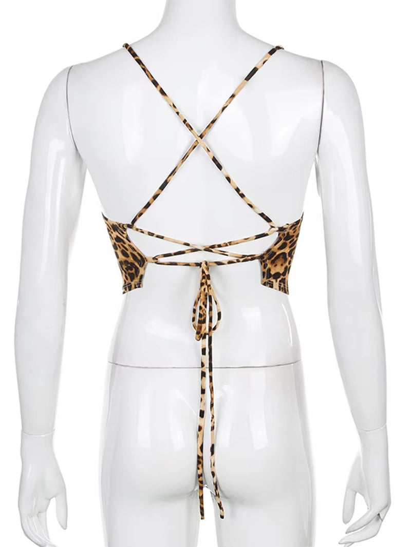 Leopard Pattern Women Tank Tops Backless Sexy Rave Outfits Sleeveless Cross Lace up Bralette Crop Top Summer Streetwear
