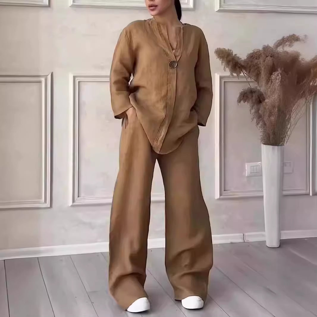 Ensemble 2 pièces femme coton lin – Chemise ample à manches longues et pantalon large élastique, style décontracté chic