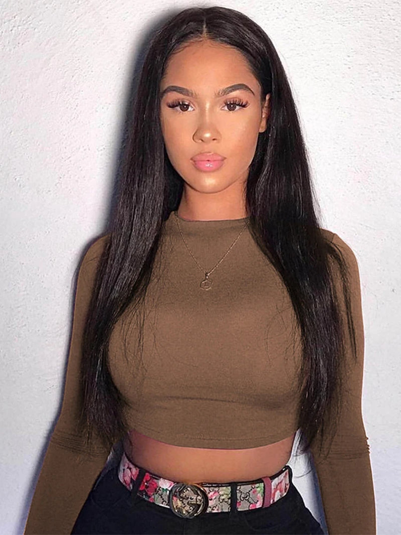 T-shirt femme à manches longues – modèle court, basique uni noir et blanc, style mode décontracté